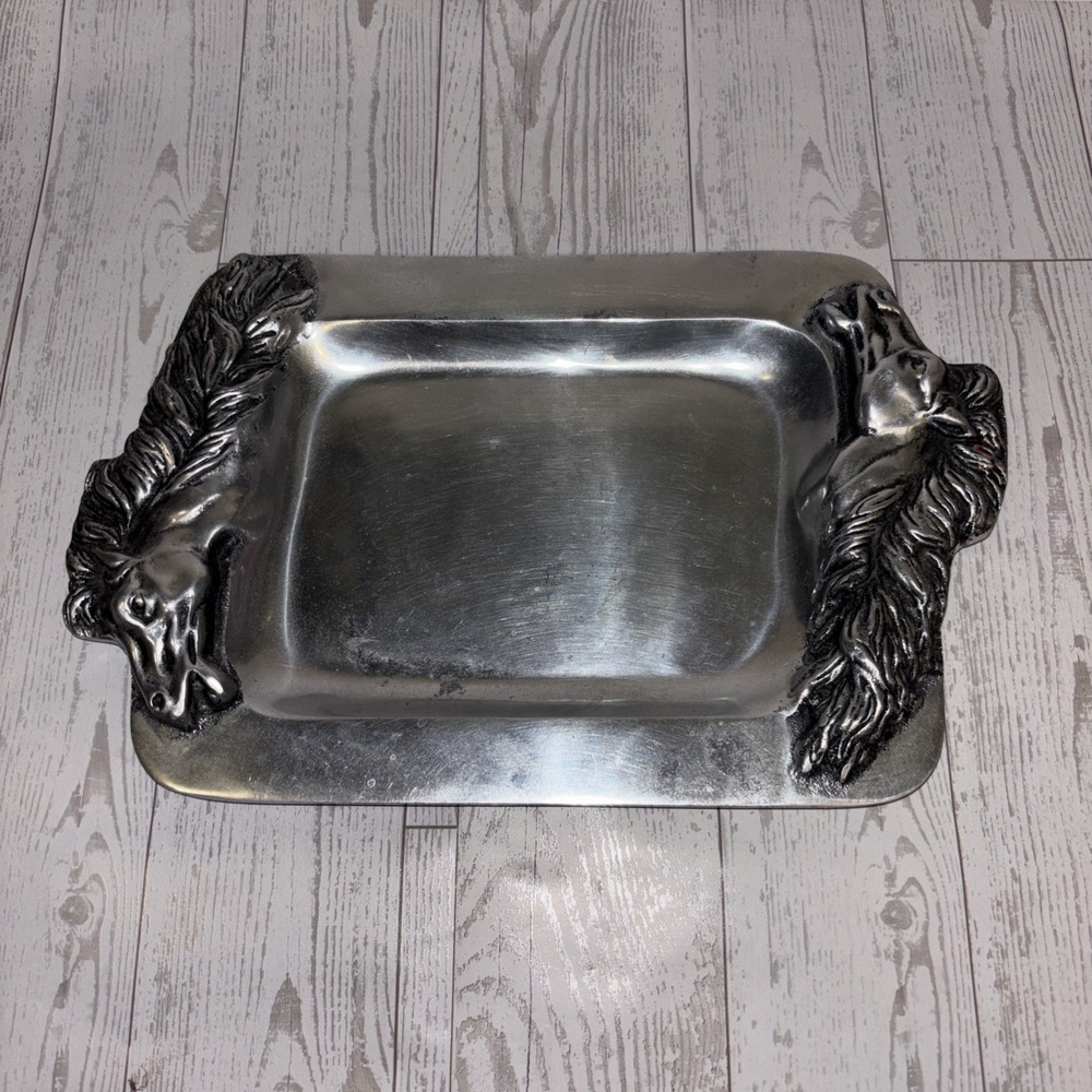 Vtg Betty Barrena Hand Forged Aluminum Serving Tray Horse Head Handles Mexico